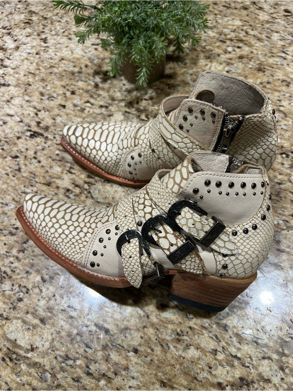 Freebird Whilhelmina Ankle Booties in Cream Croco-Print with Buckle Detail 8
